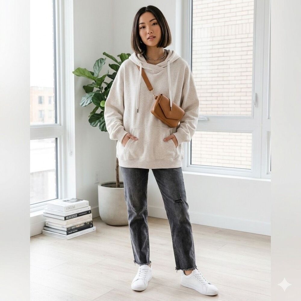 Aerie Oversized Hoodie Sweatshirt Beige Cream Pullover Size‎ Large